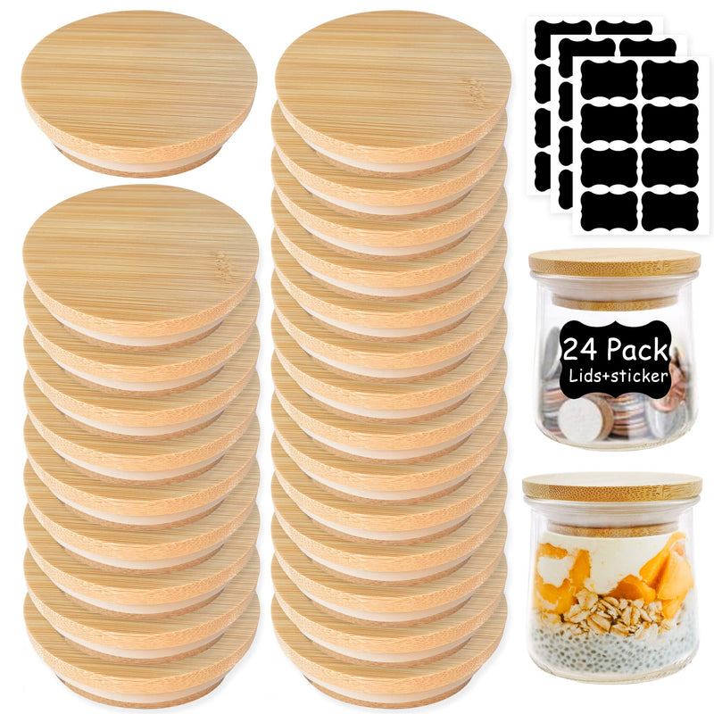 Oui Yogurt Jar Lids - 24 Pack Oui Lids - Natural Bamboo Wood with Silicone Sealing Ring and Oui Yogurt Jar Label for 5 oz Oui Yogurt Jars. Bamboo 24Pcs