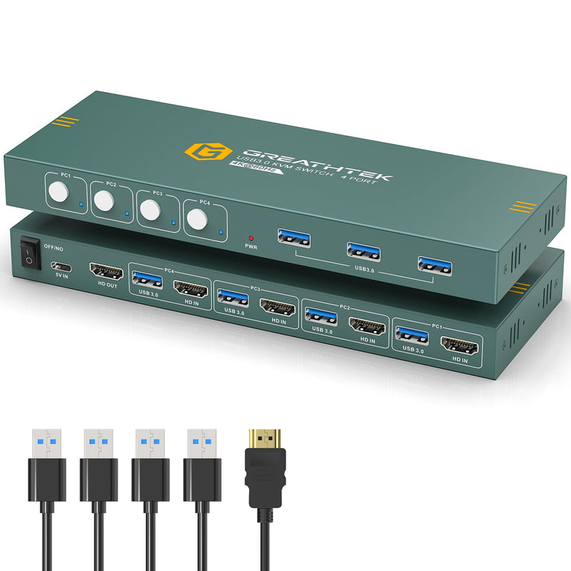 USB3.0 KVM Switch HDMI 4K@60Hz for 4 Computers Share 1 Monitor, KVM Switch 4 Port with 3 USB 3.0 Ports Share Keyboard Mouse, Support Button Switch, Plug and Play USB3.0+4 IN 1 OUT
