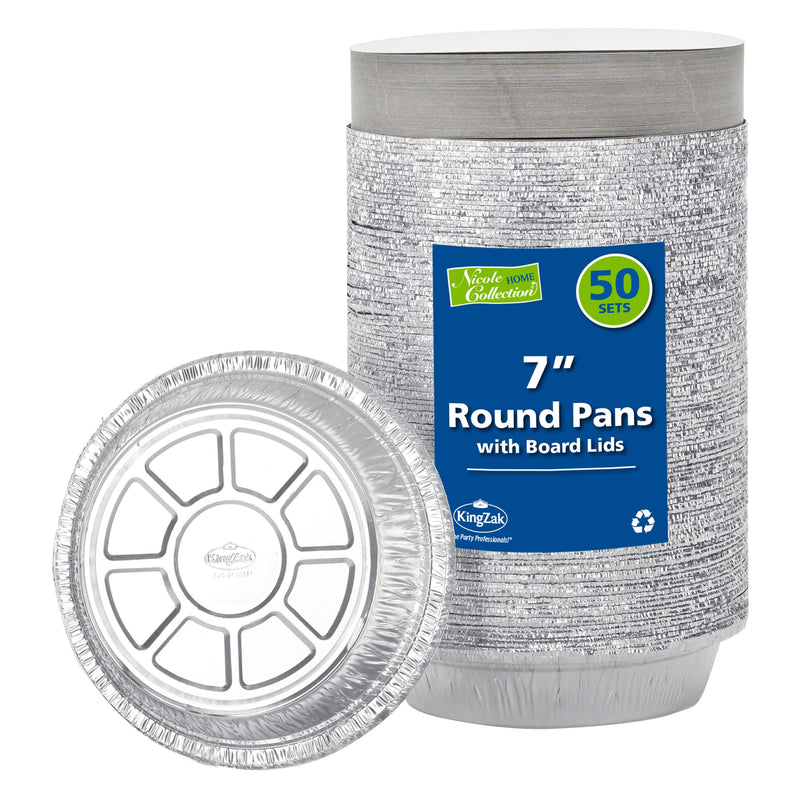 Nicole Home Collection Aluminum Pans 7” Round Disposable Foil Pans With Lids (50 Pack) – 7 Inch Round Disposable Takeout Pans With Board Lids (7" Inch Round) 7" Pans & Board Lids - 50 Sets