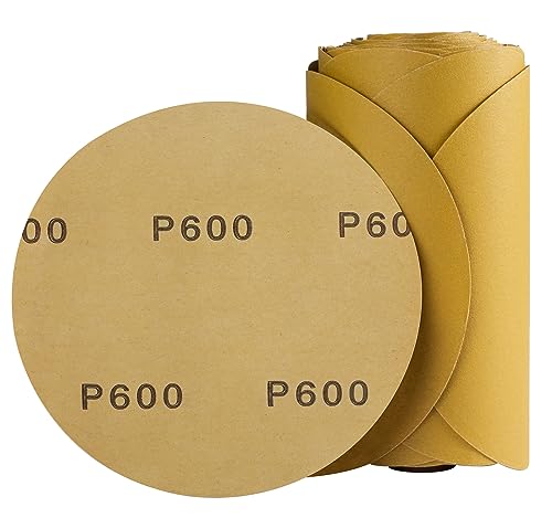 CowboyBOB 100 PCS 6 Inch Gold PSA Sanding Discs 600 Grit Self Adhesive Sticky-Back Sandpaper Roll for DA Sander Automotive Car Paint Woodworking Wood Metal Finishing 100 PCS 600Grit