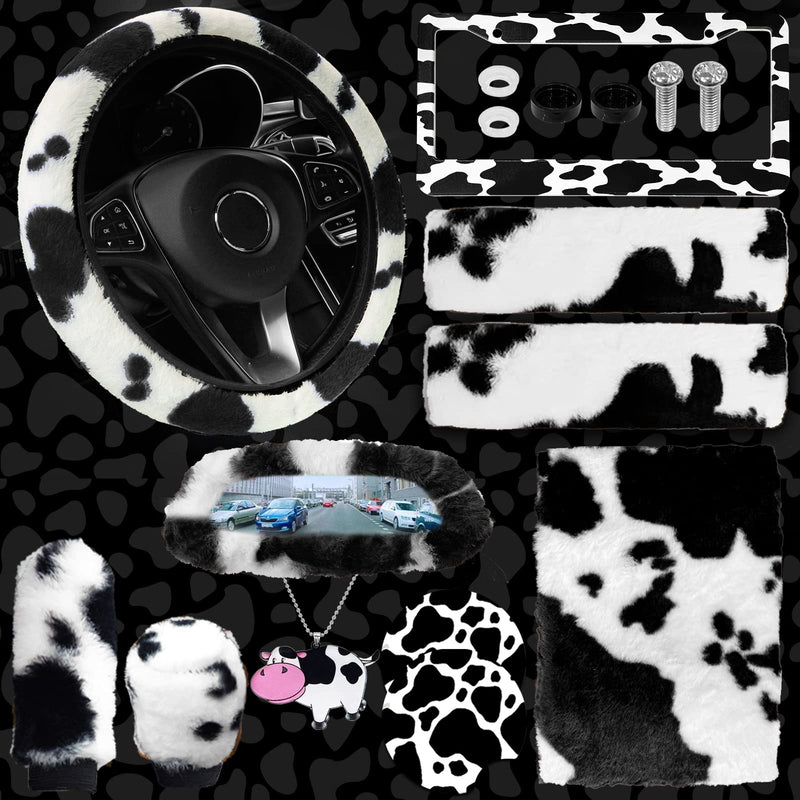 JINGSEN11 Pieces Fluffy Car Accessories Set,Fluffy Cow Print Plush Steering Wheel Covers for Women Soft Fleece Handbrake Cover Shift Cover Car Trim Warm Non-Slip (Black) black