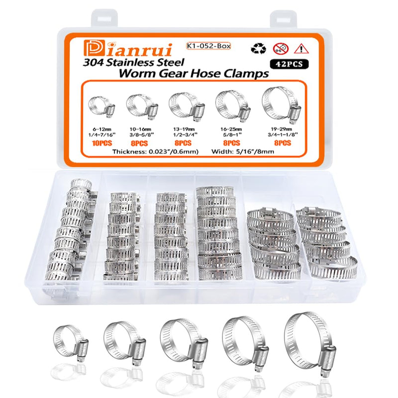 Dianrui 42 PCS Hose Clamps Assortment Kit 1/4"–1-1/8" (6-29mm) Hose Clamps Stainless Steel 304 Worm Gear Fuel Line Hose Clamp for pipe, Fuel Line, Plumbing, Intercooler, Tube, Automotive and Marine 1/4"–1-1/8"42PCS Kit