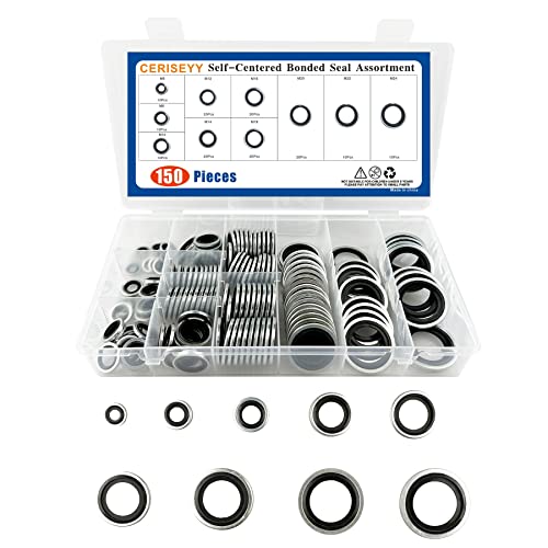 150 Pieces Automotive Self-Centered Bonded Seal Gasket Assortment Kit Bonded Seal Oil Washer Assortment Kit (150PCS) 150PCS
