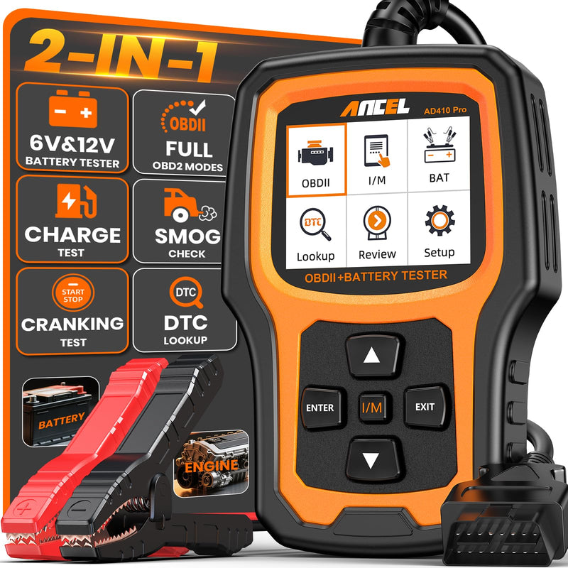 ANCEL AD410 PRO OBD2 Scanner and Battery Tester,2-in-1 Car Diagnostic Tool,Check Engine Light,EVAP Test,Live Data,6V/12V Battery Analyzer with Cranking & Charging System Test for Car Motorcycle yellow