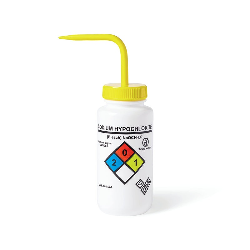 United Scientific™ UniSafe™ Laboratory Grade Wide Mouth LDPE Vented Chemical Wash Bottle, Sodium Hypochlorite, 500mL (16oz), 4-Color, Pack of 6