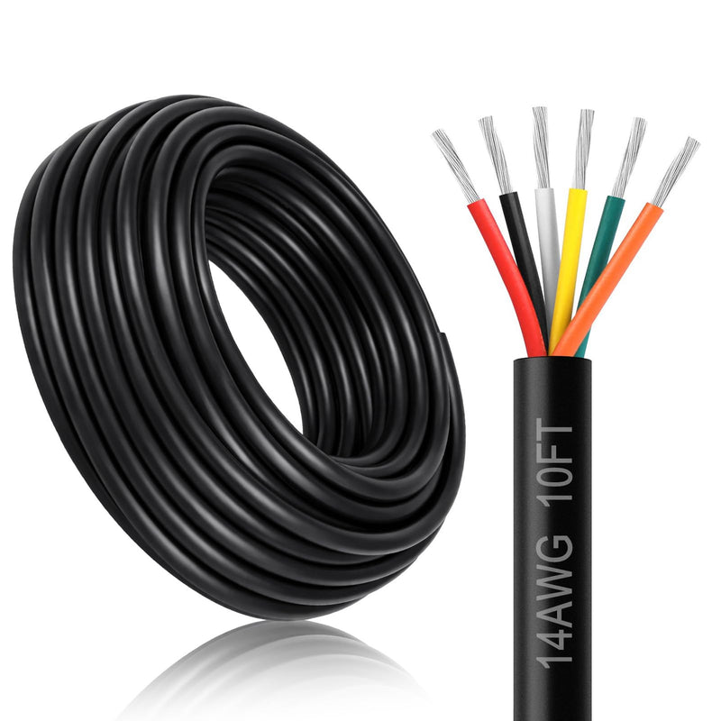 14 Gauge 6 Conductor Electrical Wire, 10FT 14AWG Black PVC Stranded Tinned Copper 6 Wire Cable, 14/6 Cord Extension Cable for LED Lamp Lighting, Automotive Wiring, Speaker, Access Control 14 Gauge