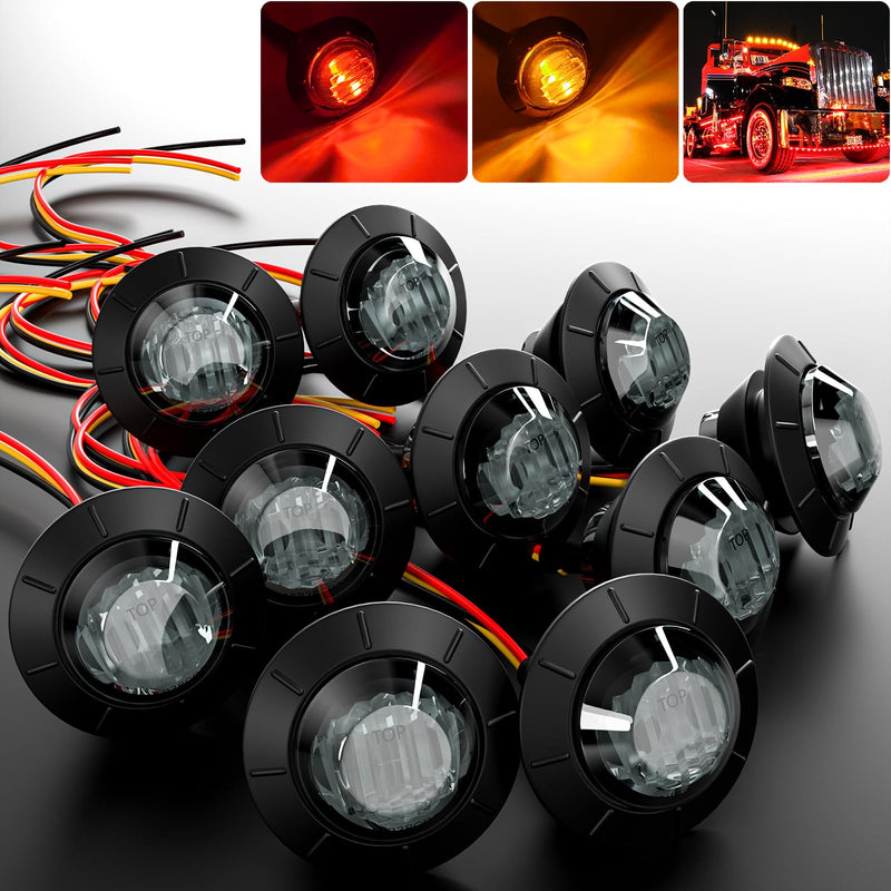 BJZ 3/4" Side Marker Trailer LED Lights Red-Amber Dual Color 4LED Round Clearance Brake Stop Turn Signal Tail Bullet Light 12V for Trailer Truck Van RV ATV Bus, 10Pcs w/Smoked Lens Amber-Red (Smoked Lens)
