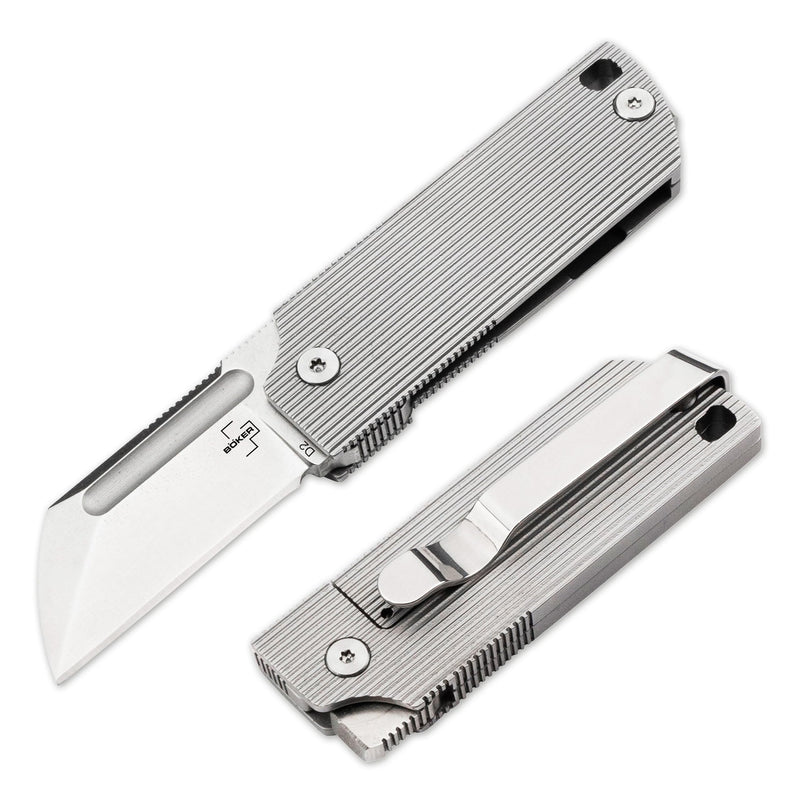BOKER PLUS BabyX Flipper Steel – Ball-Bearing EDC Mini Pocket Knife with D2 Sheepfoot Blade – Small One-Hand Folding Knife with Stainless Steel Handle and Clip – Pocket Knife in Gift Box