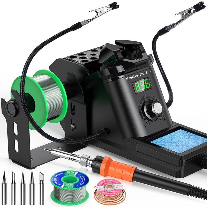 Preciva 926 III 130W MAX Digital Soldering Station with Auto Sleep & Calibration | Complete Kit Includes 5 Tips, Helping Hands, Solder Wire, Solder Wick | °C/ºF Display
