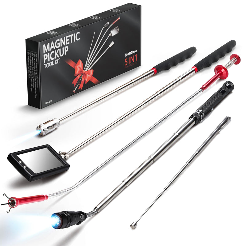 5-Piece Magnetic Pickup Tool Kit - Great Gift for Mechanics - Auto Repair & DIY - Find Nuts/Bolts/Screws - Includes 1lb & 10lb Telescoping Magnets - 360°Mirror & LED Light for Workshop Use