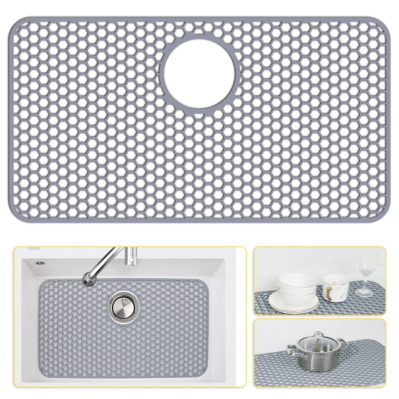 Bestjing Silicone Sink Protectors for Kitchen Sink with Rear Drain - 26"x 14" Kitchen Protector Accessory, Non-Slip Heat Resistant Grid Mat for Bottom of Farmhous Peorcelain Stainless Steel(Rear Hole) 26" x 14" Rear Drain Gray(1 Pack)