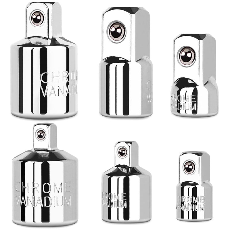 6 Piece Socket Adapter and Reducer Set, 1/4", 3/8", 1/2" Chrome Vanadium Steel Ratchet/Socket Extension/Conversion Kit for Automotive Maintenance Silver