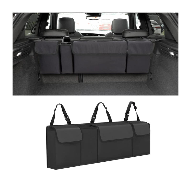 AUCELI Car Trunk Organizer, Backseat Hanging Large Storage with Adjustable Straps, Waterproof Collapsible Cargo Bag with 4 Pockets, Sturdy Space Saver Frees Trunk Floor for SUV, Truck, MPV Black