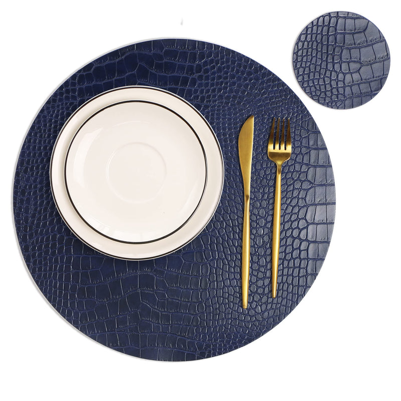 Round Leather Placemats for Round Tables Set of 6, Blue Table Place Mats and Coasters, Washable Easy to Care for Indoor Decor 13" Diameter H Blue