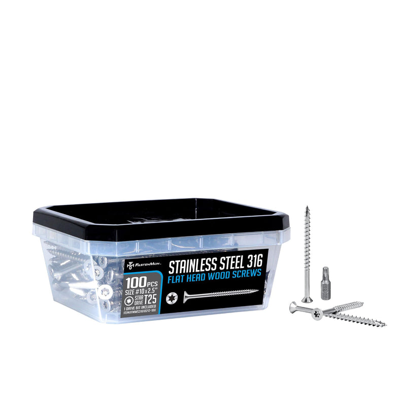 FastenMon #10 x 2-1/2" Marine Grade Type 316 Stainless Steel Wood Screws - 100 Pack with T25 Bit – Torx Flat Head Type 17 Point Ideal for Decks, Fences, and Coastal Construction 100 PCS