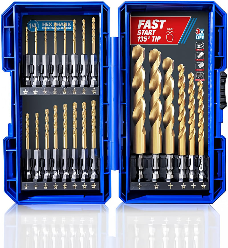 HIGHFIRE 22 Pieces Hex Shank Drill Bit Set for Impact Driver, HSS Twist Titanium Drill Bits for Metal, Hex Drive Quick Change Drill Bits Set 22pcs