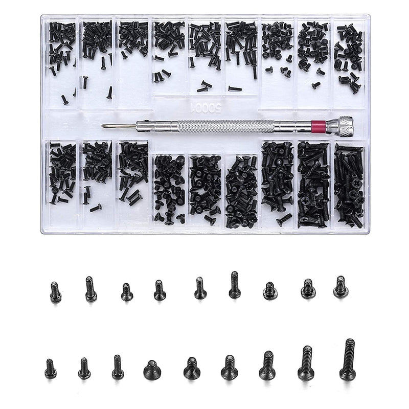 500 Pcs Small Replacement Screws, M1.2/M1.4/M2.0 Black Tiny Micro Laptop Computer Electronic Assortment Kit, Glasses Watches Hard Drive SSD Repair Screws, with Screwdriver