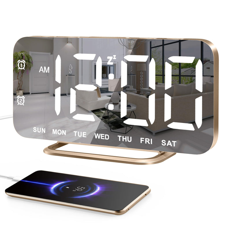 Slim LED Digital Alarm Clock, Mirror Surface for Makeup, with Diming, Large Display, Easy Setting, USB Charger Ports, Modern Bedroom, Desk, Office Living Room Decor, Christmas Birthday for Women Girl Gold