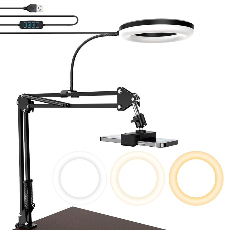 Overhead Camera Mount with Ring Light, 6‘’ Overhead Phone Mount Compatible with iPhone Camera Webcam, Articulating Arm Phone Mount for YouTube Live Stream Cooking Nail Video Recording 6"Light