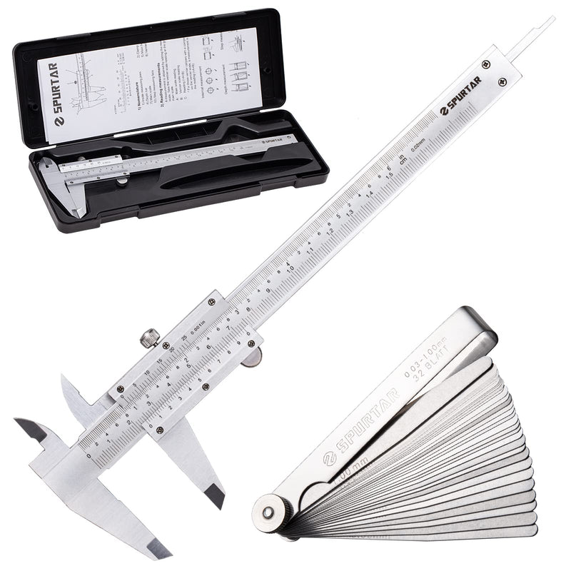 Spurtar Vernier Caliper, 6" Stainless Steel Non Digital Caliper, 0-6Inch/0-150mm Manual Micrometer Caliper with 32 Blade Steel Feeler Gauge