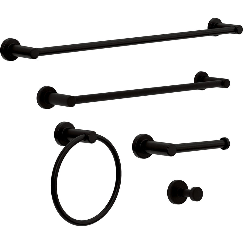 Franklin Brass Wake 5-Piece Bathroom Set Matte Black 18" and 24" Towel Bar Racks, Toilet Paper Holder, Ring, Hook | 5-pc Accessories | Fixtures WAK65-MB