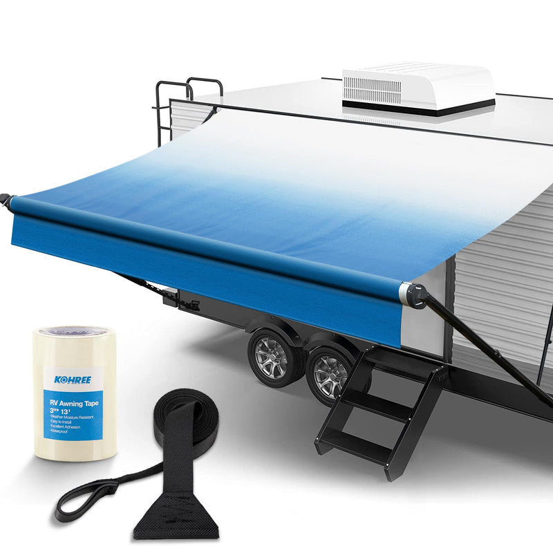 Kohree 18' Rv Awning Fabric Replacement, Camper Trailer Awning Replacement 19oz Weatherproof Heavy Duty Anti-Fading with Pull Strap, Outdoor Canopy for Motorhome, Blue Fade, (Fabric 17'2") 18' (Fabric 17'2")