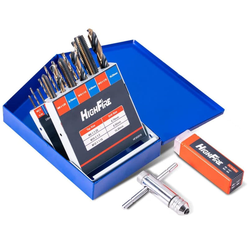 HIGHFIRE 18-Piece Metric Drill and Tap Set with 1 Piece T-Handle Ratchet, Black and Gold Premium HSS Jobber Length Drill Bits and Hand Plug Taps with Metal Indexed Box 18PCS metric