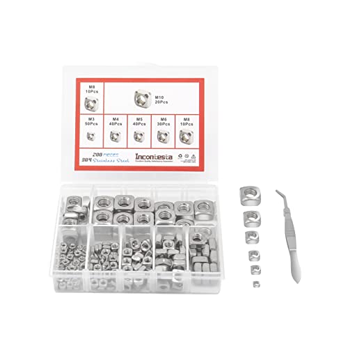 200Pcs Metric 304 Stainless Steel Square Nuts Assortment Kit, INCONTESTA Machine Square Screw Nuts for M3 M4 M5 M6 M8 M10 Screws Bolt