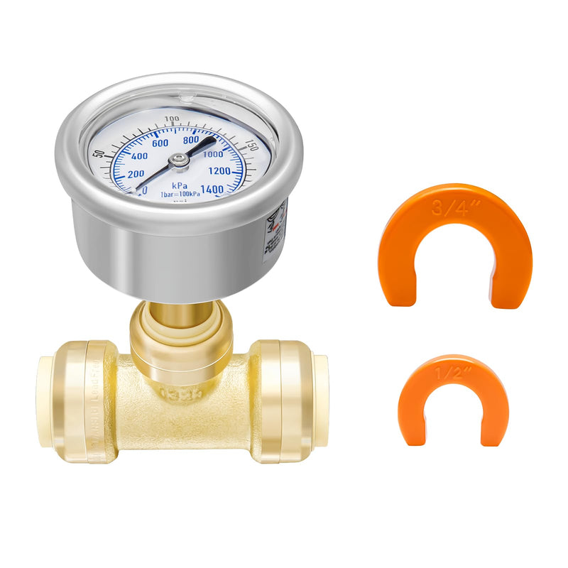 Push-to-Connect 2” Liquid Filled Pressure Gauge, 3/4 inch Pressure Gauge Tee
