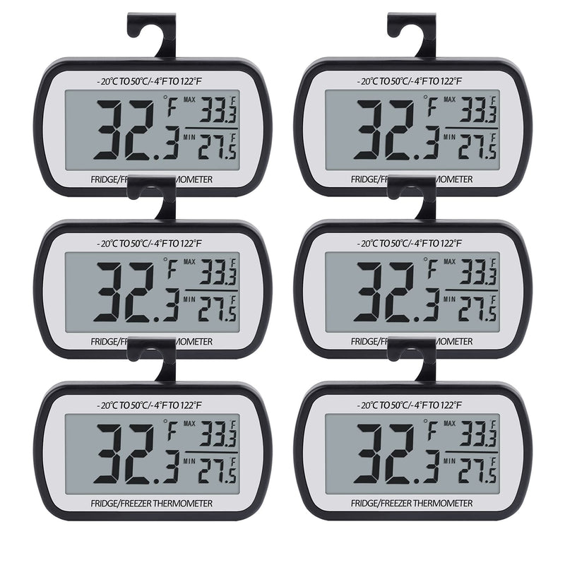 AEVETE Refrigerator Thermometer Digital Fridge Freezer Thermometer with Magnetic Back Large LCD, No Frills Easy to Read (Black-6 Pack) Black 6 pack