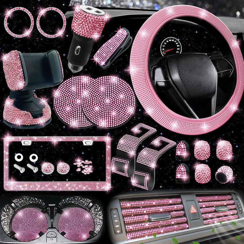 NBTEPEM 27-Piece Bling Car Accessories Set - Universal Fit Steering Wheel Covers, License Plate Frames, Phone Holder, Car Fast Charger, Coasters (Pink) Pink Diamond