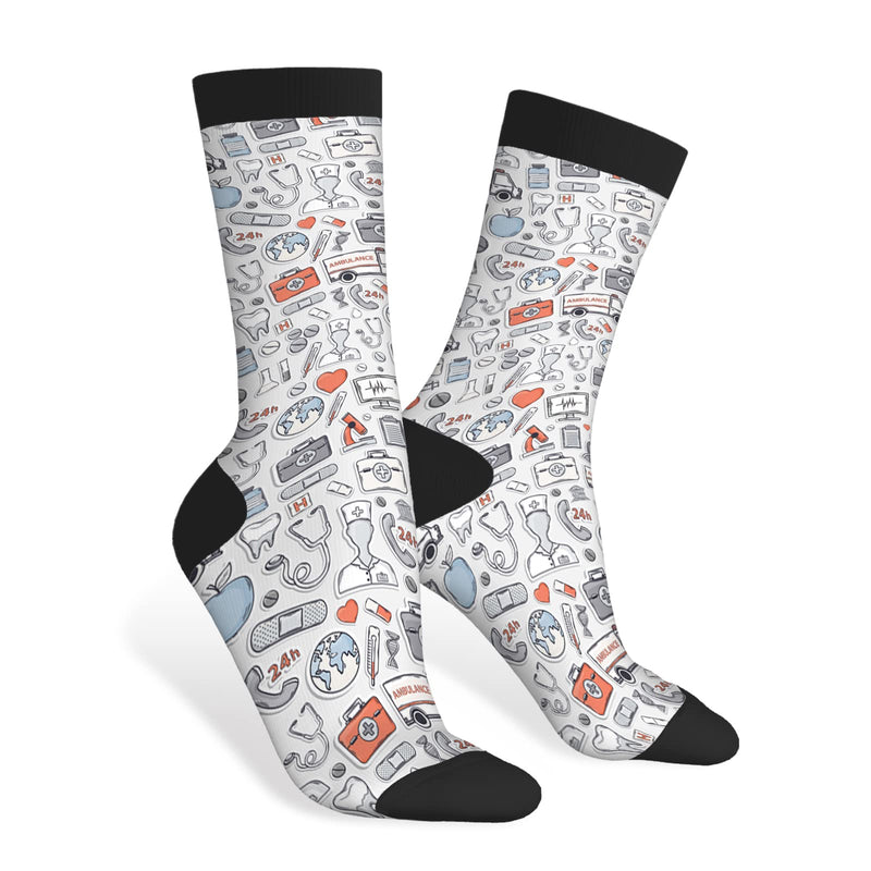 AOYEGO Medical Funny Socks Red Grey Blue Care Hospital Novelty Casual Crew Socks Contrast Color Design for Women Men Gift Medical Pattern