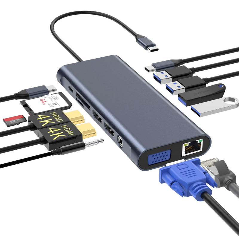 USB C Docking Station Hub (13 -in-1) with 2 X 4K HDMI, Ethernet, VGA,Audio, USB3.0 TF/SD Dongle Docking Station Compatible for MacBook iPad Pro Dell Hp Lenovo