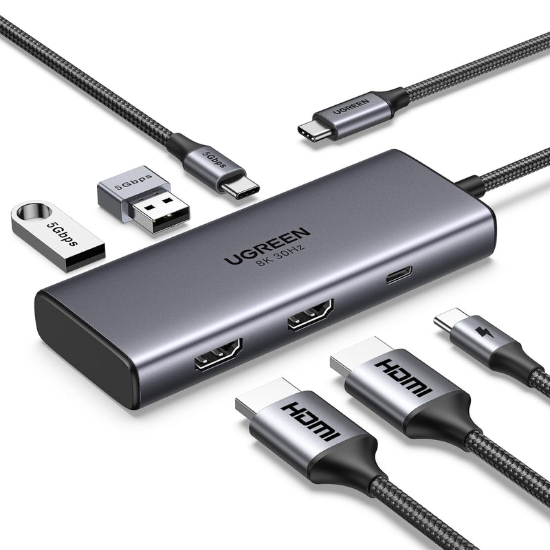 UGREEN USB C Docking Station Dual Monitor 4K@60Hz, 6-in-1 Dock with 2xHDMI | Single 8K@30Hz, 100W PD, 2x5Gbps USB-A & 1xUSB-C Data Ports, USB-C Revodok 206 Dock for Thinkpad, HP, Dell Laptops and More