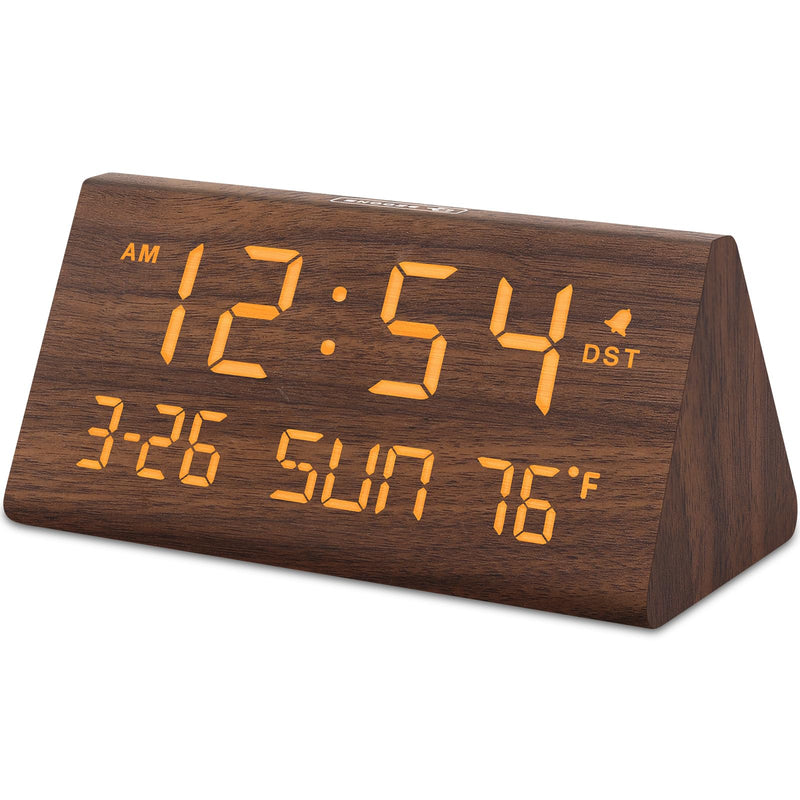 DreamSky Digital Alarm Clocks for Bedrooms - Wooden Desk Clock with Date, Day of Week, USB Port, Temperature, Dimmer for Bedside Table, Living Room, Office, Adjustable Volume, Auto DST, Wood Decor Brown - Date & Day