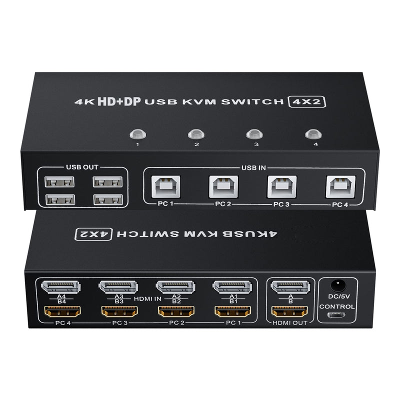 BolAAzuL HDMI + Displayport KVM Switch Box 4 Port, Dual Monitor 4 Computers HDMI 2.0 DP 1.2 USB 2.0 KVM Switch 4K 60Hz, Keyboard Mouse Peripherals Switcher HDMI+DP 4 in 2 Out for 4 PCs 2 Monitors 4 PC share 2 monitors(HDMI+Displayport)