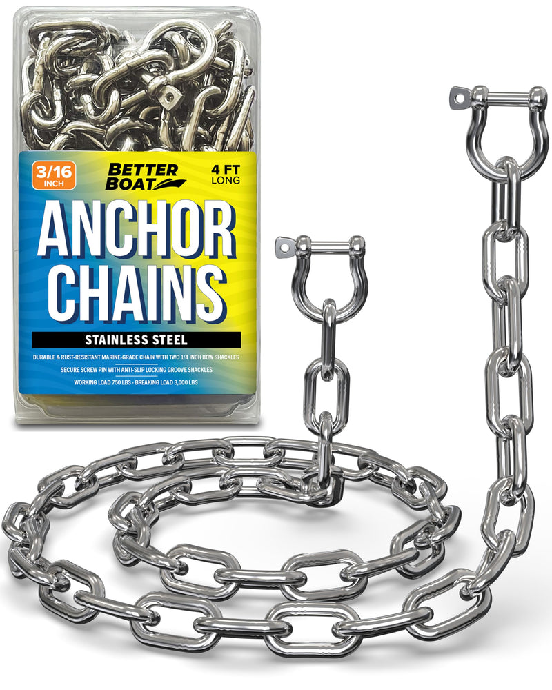 Stainless Steel Anchor Chain, Marine Grade Boat Accessories with Double Shackle Link Ends, for Boats 3/16", 1/4", or 5/16" Chain 4 or 5 Ft 4 FT x 3/16"