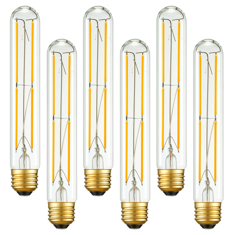 Arberlic 7.3 Inch T10 LED Bulb,6W Tubular Light Bulb Equivalent E26 led Bulb 60 watt dimmable,Warm White 2700K,600lm,CRI85+,AC120V,Clear Glass Long E26 Edison Bulb,Flicker-Free,Pack of 6 7.3 INCH 6W=60W Clear