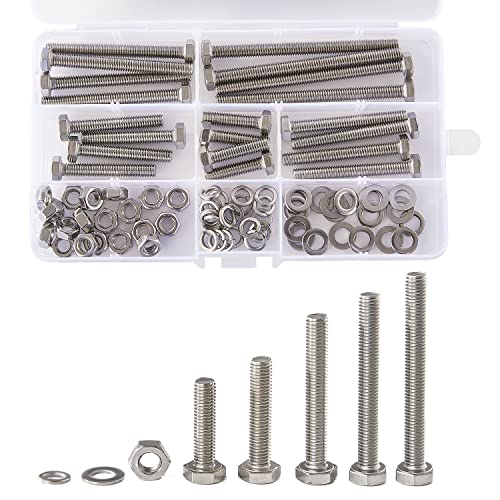 M6 Screws 20-80mm Hex Head Bolts Screws, Nuts, Flat & Lock Washers, Stainless Steel 304, Machine Fully Thread, Bright Finish, Assortment Kit 20Sets M6 Hex Bolts 20Set