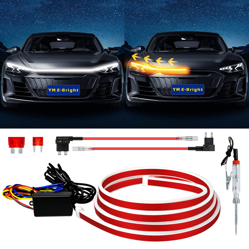 Dynamic Scan Start Up Hood Light Strip Sequential Flowing Turn Signal Lights Flexible DRL Daytime Running Light Car Led Light Strip Exterior,Dual Color Amber White Switchback 12V 70inch (1 Set) White/Amber Switchback 70 inches