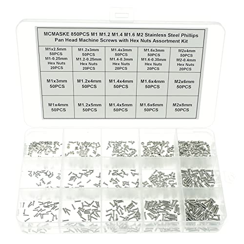 850PCS M1 M1.2 M1.4 M1.6 M2 Metric Stainless Steel Phillips Pan Head Machine Screws Nuts Assortment Kit M1, M1.2, M1.4, M1.6, M2
