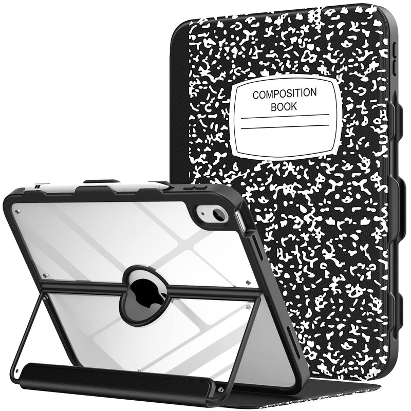 MoKo for iPad 11-inch (A16) 11th Generation Case 2025/ iPad 10th Generation Case with Pencil Holder 2022 10.9 inch, Built-in Screen Protector Clear Back, Multi Angle Viewing Stand, Notebook Black