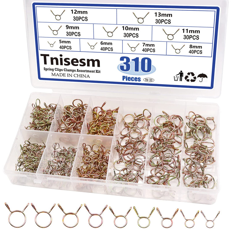 Tnisesm 310Pcs 5-13mm 9 Size Spring Clips Clamps Assortment Kit, Fuel Line Hose Tubing Spring Clips Clamps for Motorcycle Scooter ATV