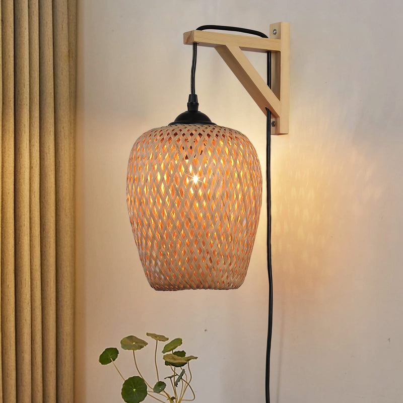 Plug in Bamboo Wall Sconces, Industrial Hand-Woven Rattan Lampshade Hanging Wall Light Fixture with Wood Base, Farmhouse Wall Mounted Lamp for Kitchen Island, Living Room, Bedroom Rattan Lampshade Wall Light