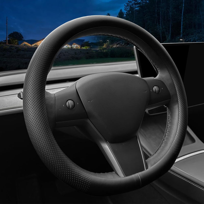 LKWLIKEI Nappa Leather Ultra-Thin Steering Wheel Cover, for Tesla Model 3/Y Steering Wheel Cover, Non-Slip Design and Interior Modification of car Accessories (Black) Black2