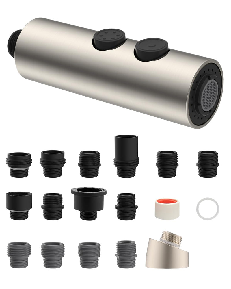 Hibbent Metal Pull Down Kitchen Faucet Head Replacement with 15 Adapters, Sink Spray Head, 2 Function Spray Nozzle Compatible with Moen, American Standard, Delta, Kohler Faucets, Brushed Nickel Stainless Steel