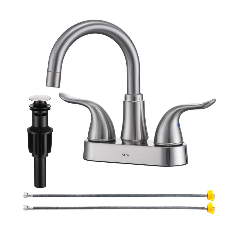 KPW Bathroom Sink Faucet 2 or 3 Hole Brushed Nickel Centerset 4 Inch Bathroom Sink Faucet 2 Handle Over ABS Non-Metallic Lavatory Bathroom Faucet with Pop up Drain Water Supply Hoses Two Handle 5121 Brushed Nickel