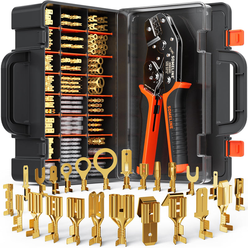 SOMELINE Spade Terminal Crimping Tool Kit AWG 24-14, 24 Types 2.8/3.9/4.8/6.3 mm Male & Female Quick Disconnect Non-Insulated Connectors - Open Barrel Crimping Tool 24 Types - A