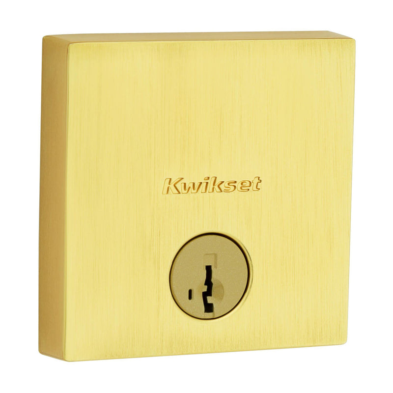 Kwikset Downtown Deadbolt Lock, Satin Brass Square Exterior Keyed Front Entry Door, Pick Resistant SmartKey Rekey Security, Single Cylinder Dead Bolt, with Microban Protection (Pack of 1)