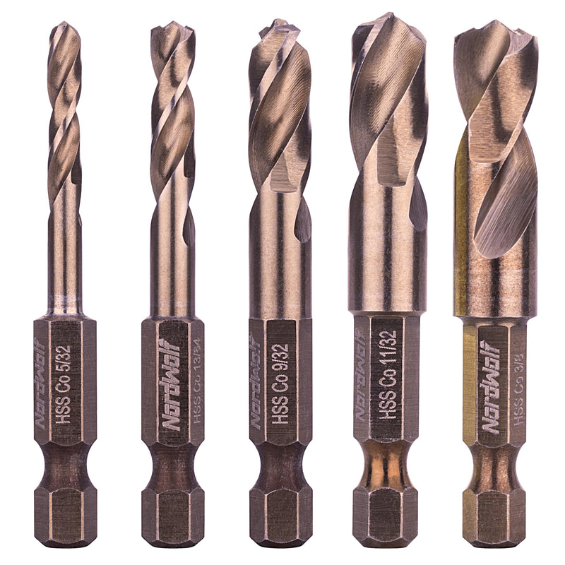 NordWolf 5-Piece M35 Cobalt Stubby Drill Bit Set for Stainless Steel & Hard Metals, with 1/4" Hex Shank for Quick Chucks & Impact Drivers, SAE Sizes 5/32"-13/64"-9/32"-11/32"-3/8" in Storage Box 5/32" to 3/8" (5 Pcs)